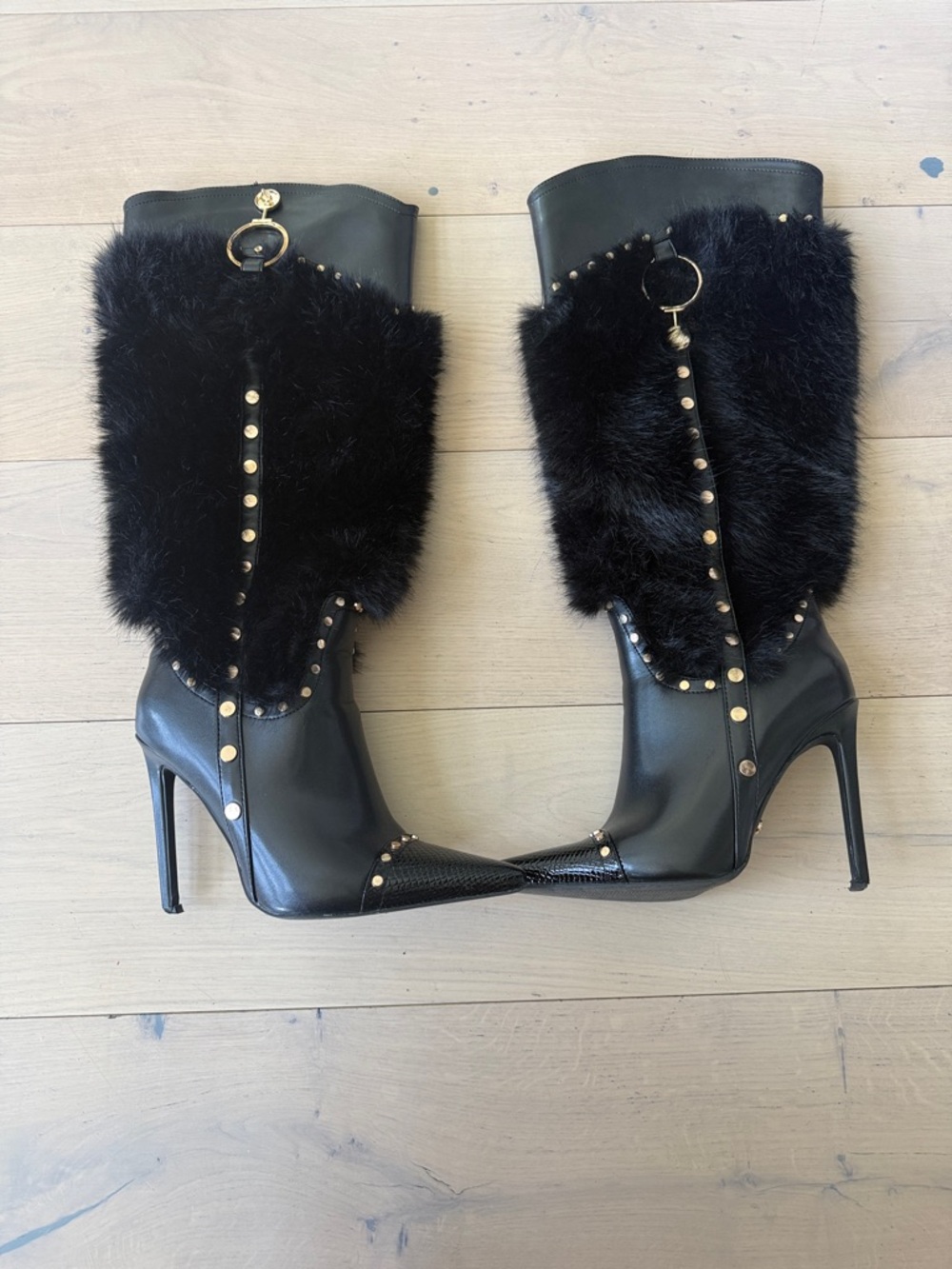 Alexander Wang Black Faux Fur Studded Stiletto Boots